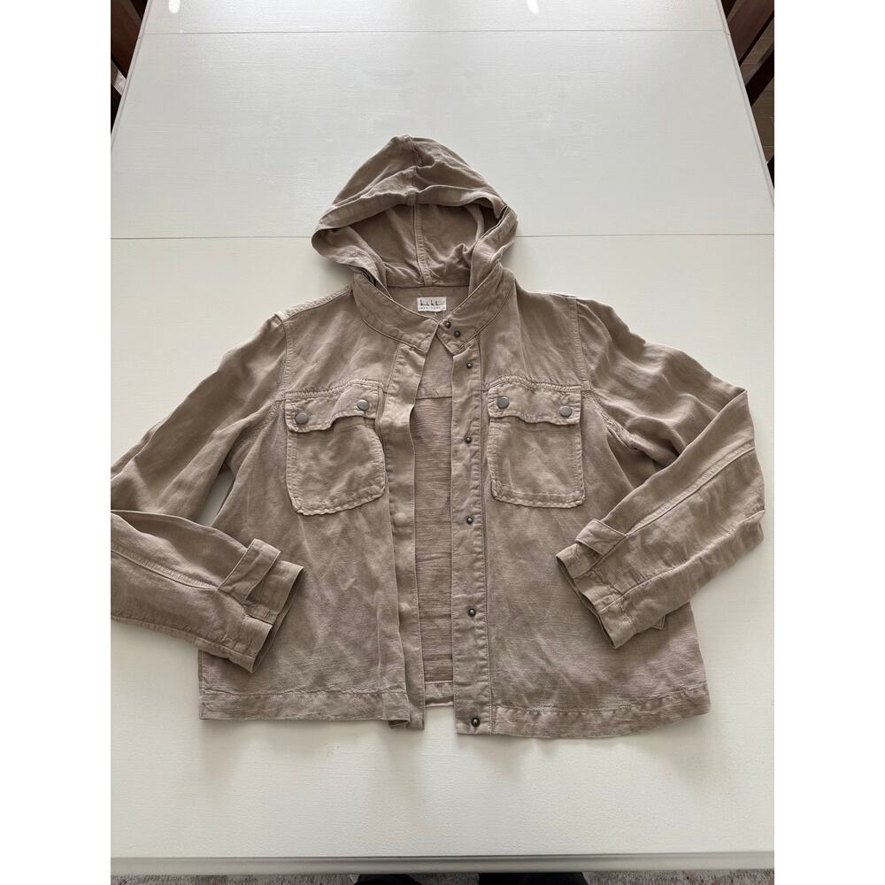 Nicole Miller New York Women's Large Pocket Hooded Linen Blend Button Jacket Tan